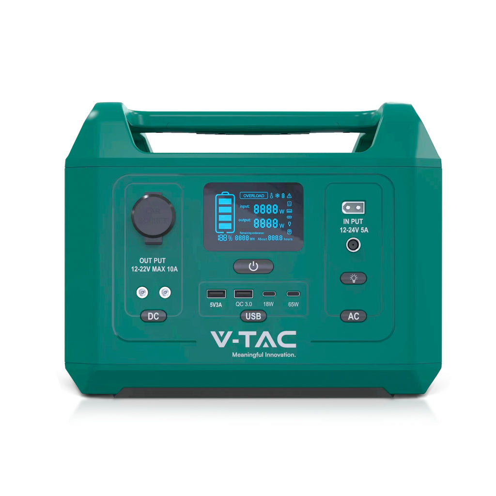 V-TAC Power Station Portatile con Batteria di Accumulo LiFePO4 288Wh AC:220V 300W (Max. 500W) con Presa Schuko Ricaricabile con Cavo di Alimentazione o Pannello Solare Fotovoltaico Portatile