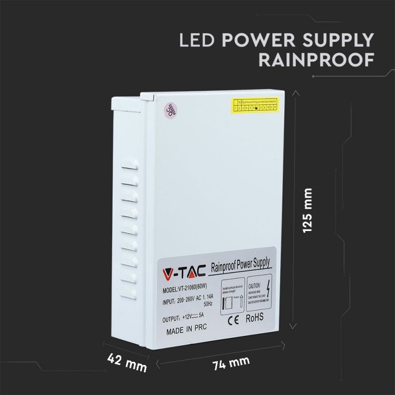 V-TAC Alimentatore in Metallo 60W 12V 5A Colore Bianco IP45
