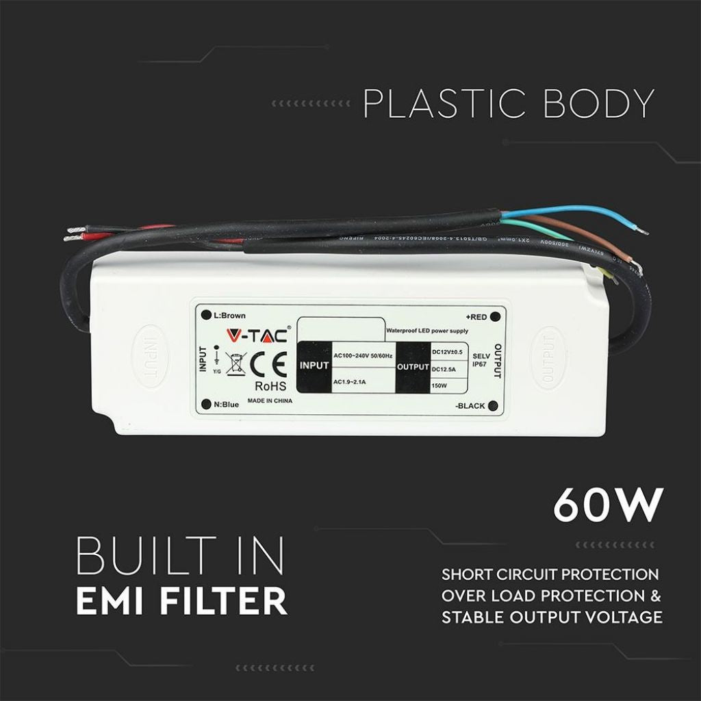 V-TAC Alimentatore in Plastica 60W 12V 5A Colore Bianco IP67
