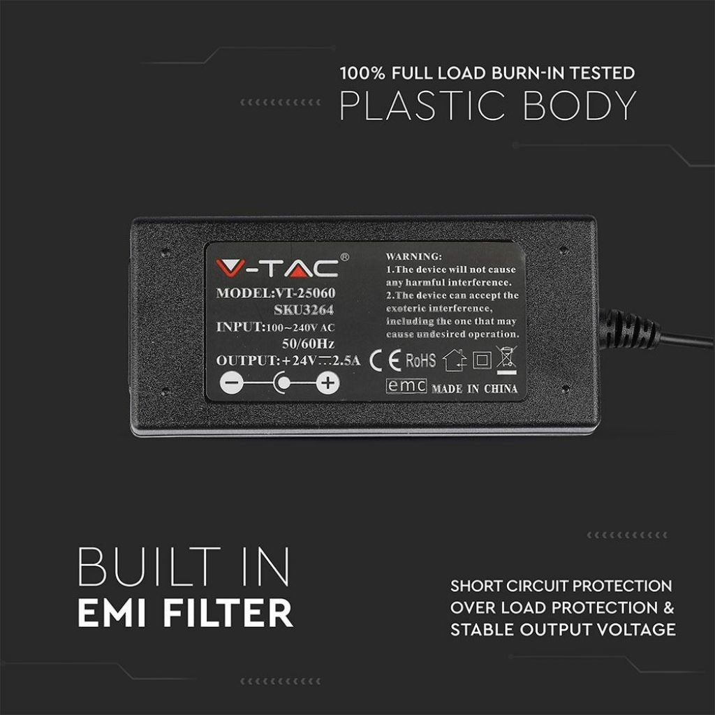 V-TAC Alimentatore in Plastica 60W 24V 25A Plug&Play con Jack 2,1 Colore Nero IP44