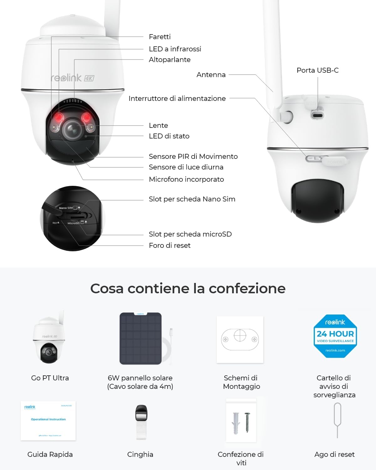 Reolink 3G/4G LTE Telecamera Sim da Esterno Senza Fili, 4K/8MP 360° PTZ Telecamera Batteria con Pannello Solare + 32G SD Card, Rilevamento Smart, Audio a 2 Vie, Visione Notturna a Colori, Go PT Ultra