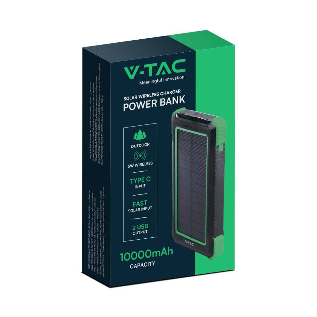 V-TAC Power Bank 10.000 mAh con Pannello Solare e Ricarica Wireless Colore Nero