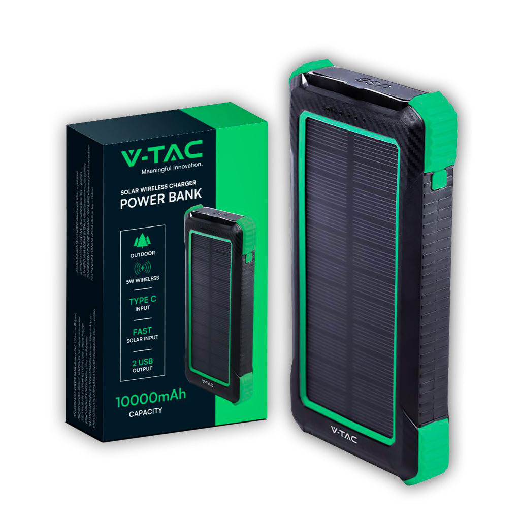 V-TAC Power Bank 10.000 mAh con Pannello Solare e Ricarica Wireless Colore Nero