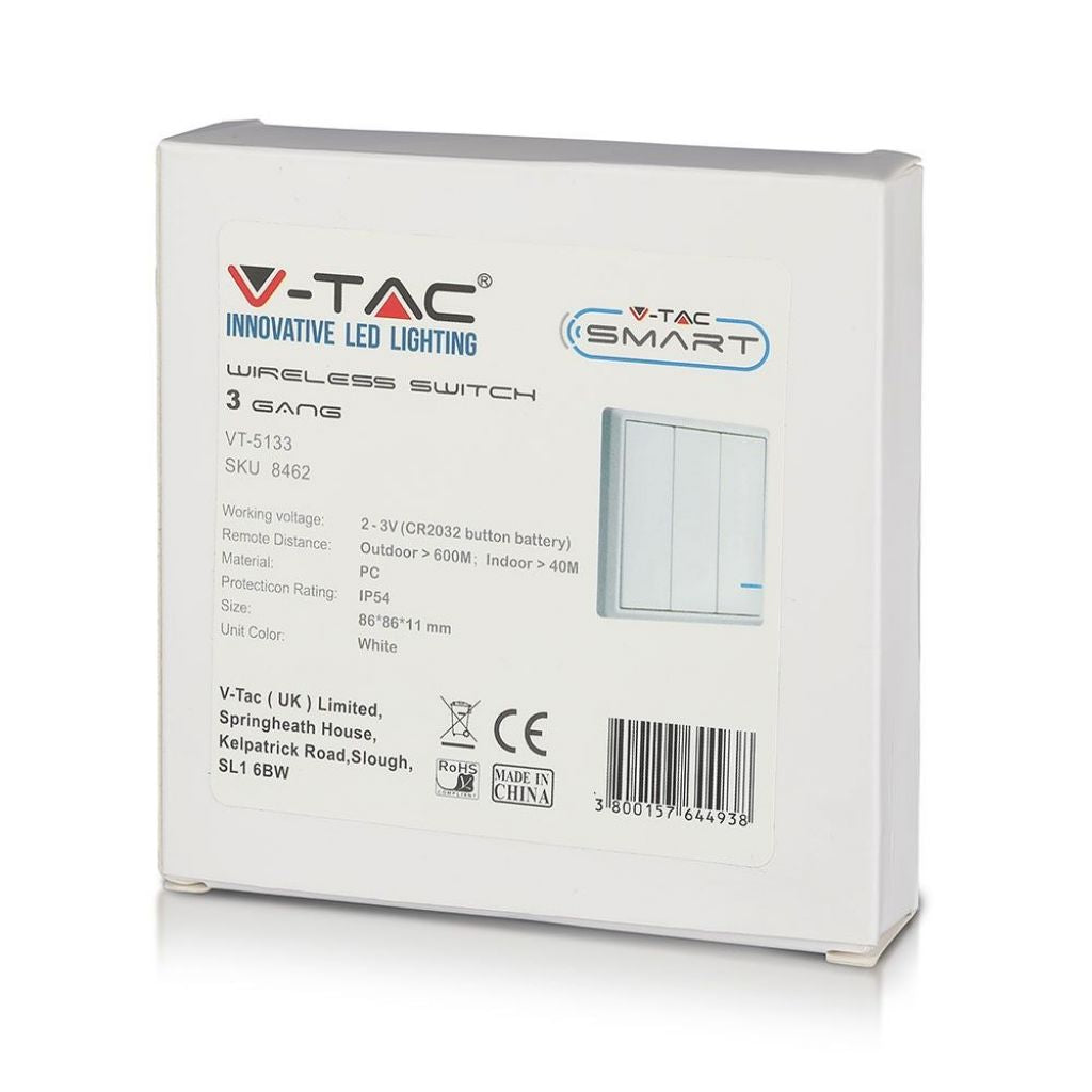 V-TAC Interruttore Wireless a Triplo Tasto con Sensore Colore Bianco IP54