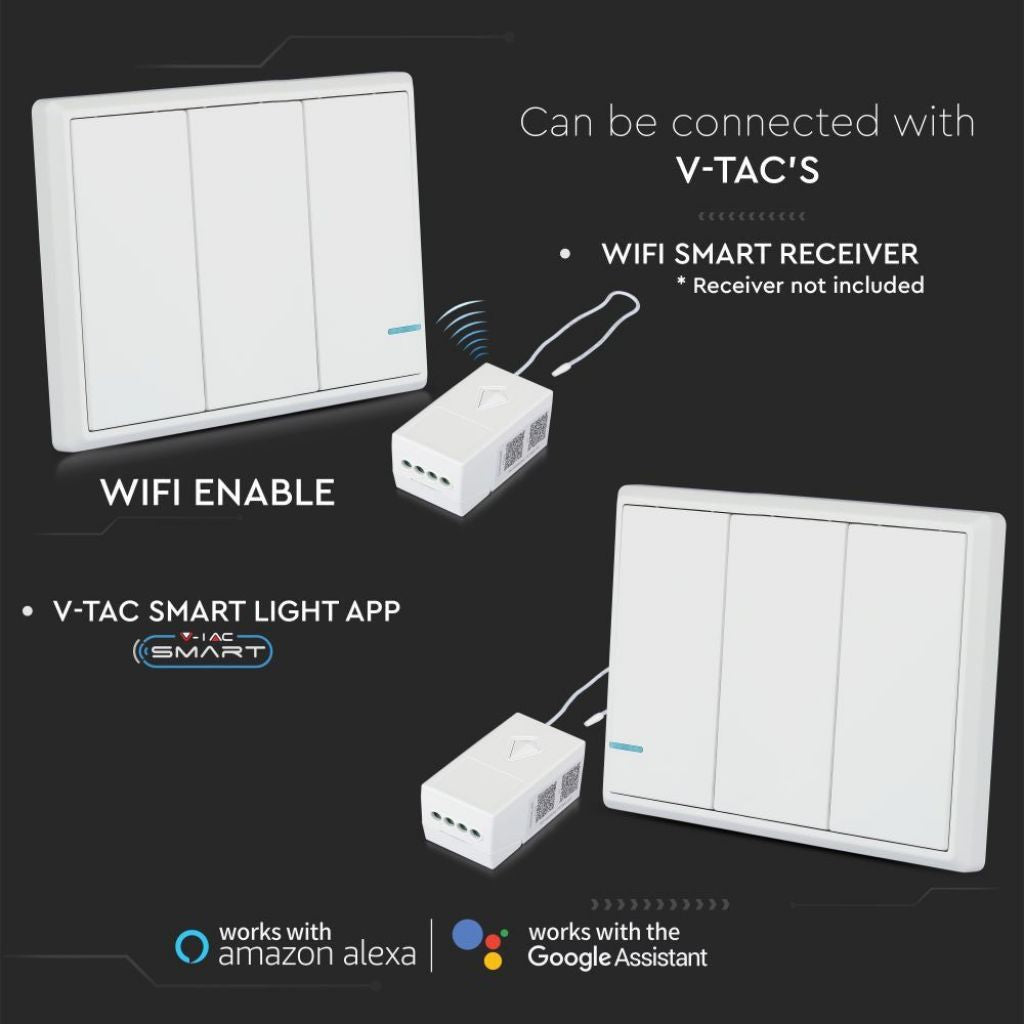 V-TAC Interruttore Wireless a Triplo Tasto con Sensore Colore Bianco IP54