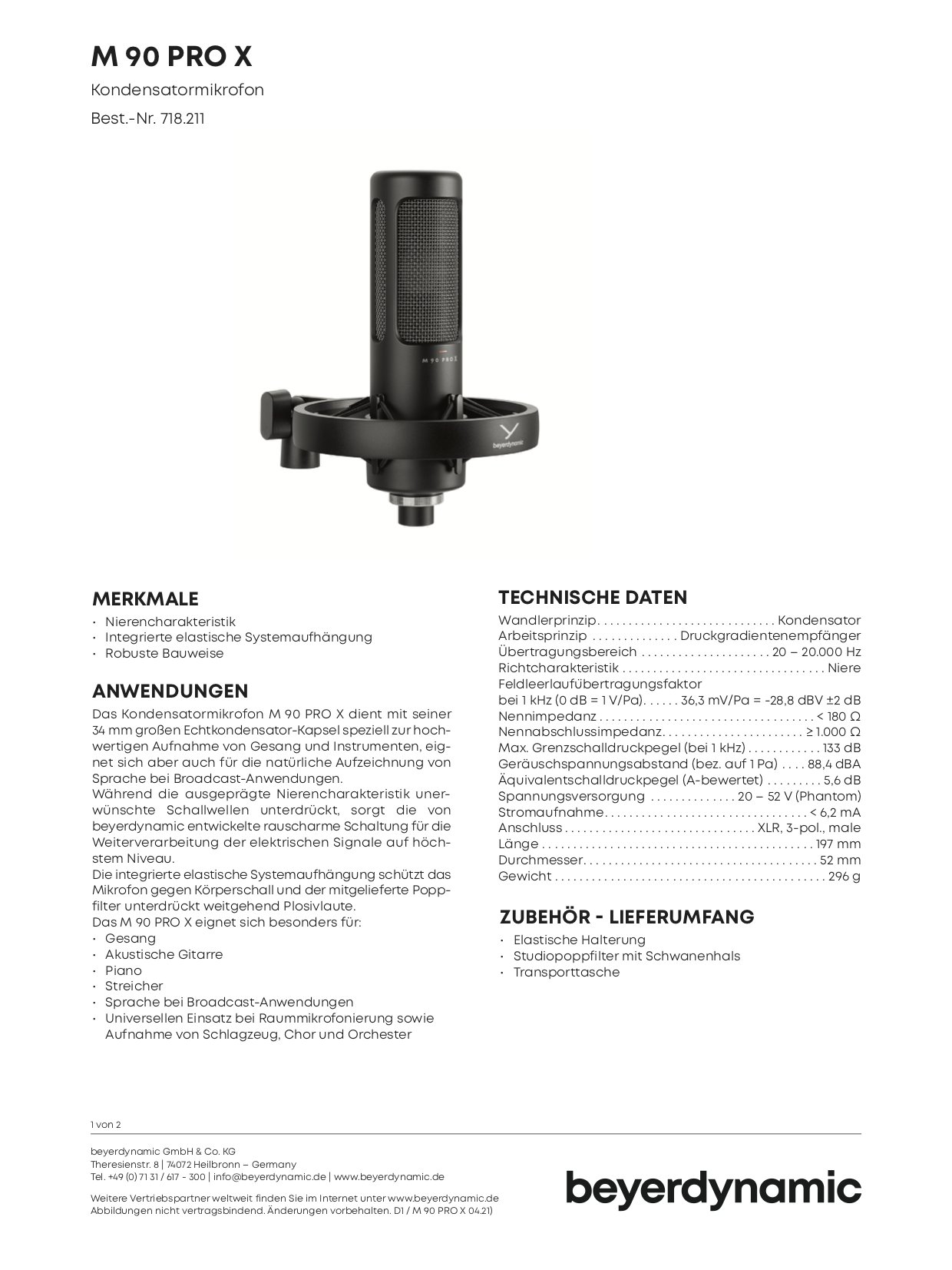 BEYERDYNAMIC M 90 PRO X - Microfono per altoparlante, a condensatore, cardioide