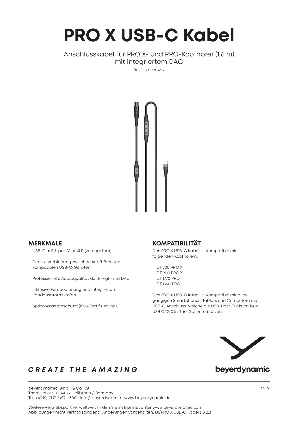 Cavo USB-C BEYERDYNAMIC PRO X da 1,6 m - Cavo di collegamento per le cuffie PRO-X e PRO con DAC integrato