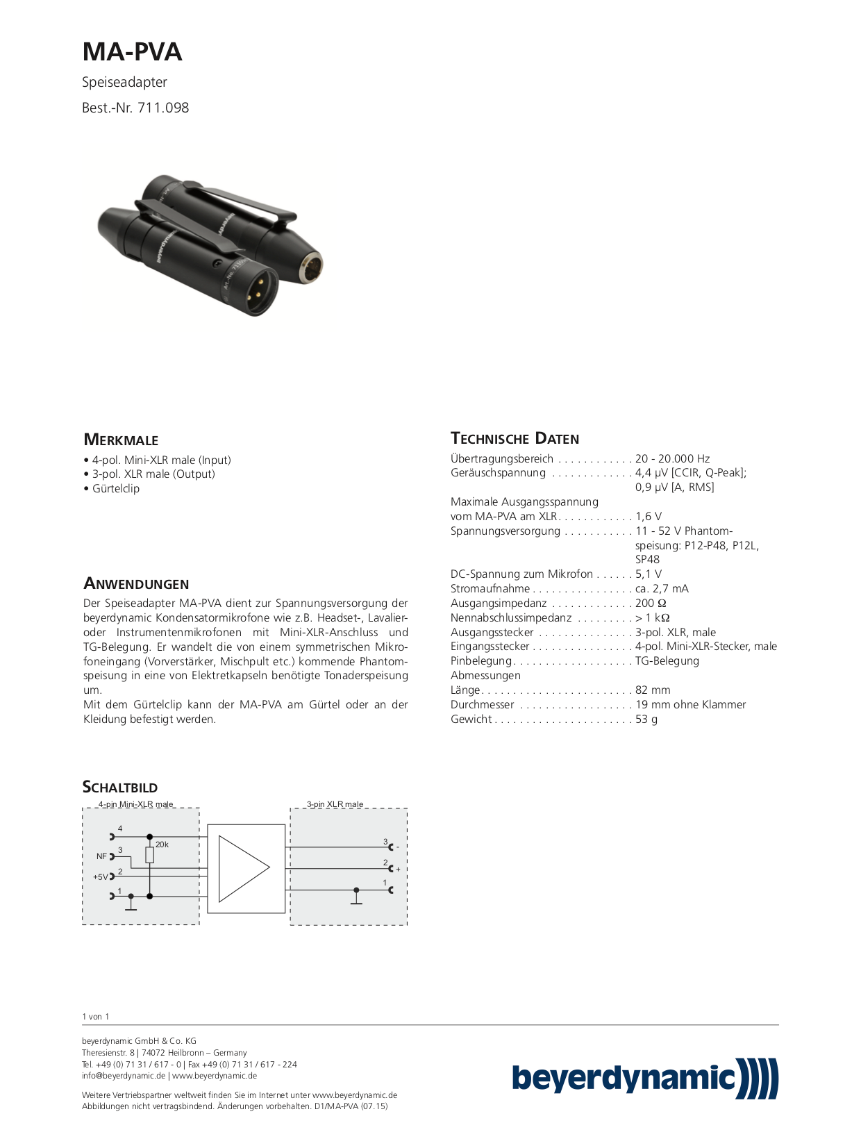 BEYERDYNAMIC MA-PVA - Adattatore di alimentazione per microfoni con connettore mini XLR a 4 poli Assegnazione dei pin per la serie TG