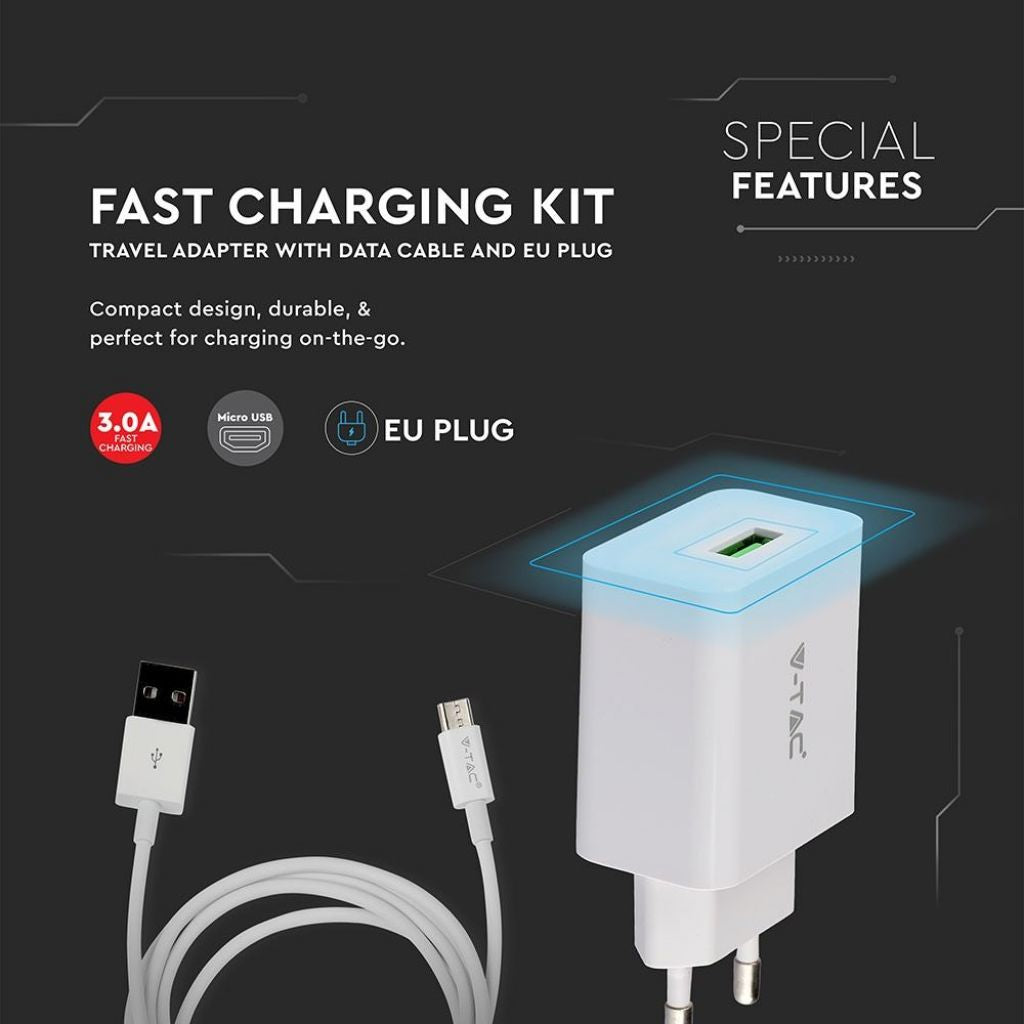 V-TAC Caricatore da Viaggio con Cavo Ricarica Veloce Micro USB 3.0A Colore Bianco