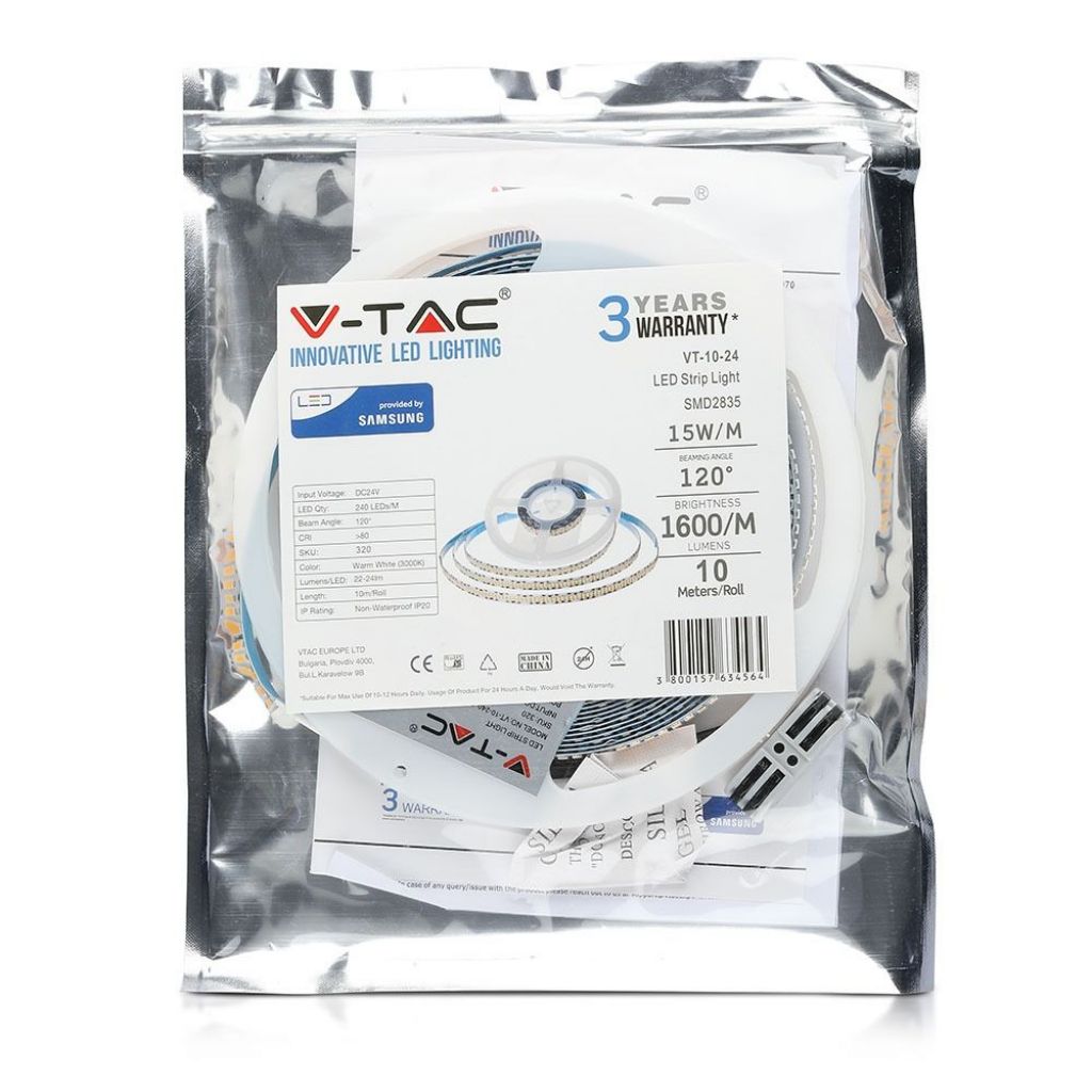 V-TAC PRO Strip LED Samsung SMD2835 15W/m 10m 240 LED/m 24V 6400K IP20 10mm