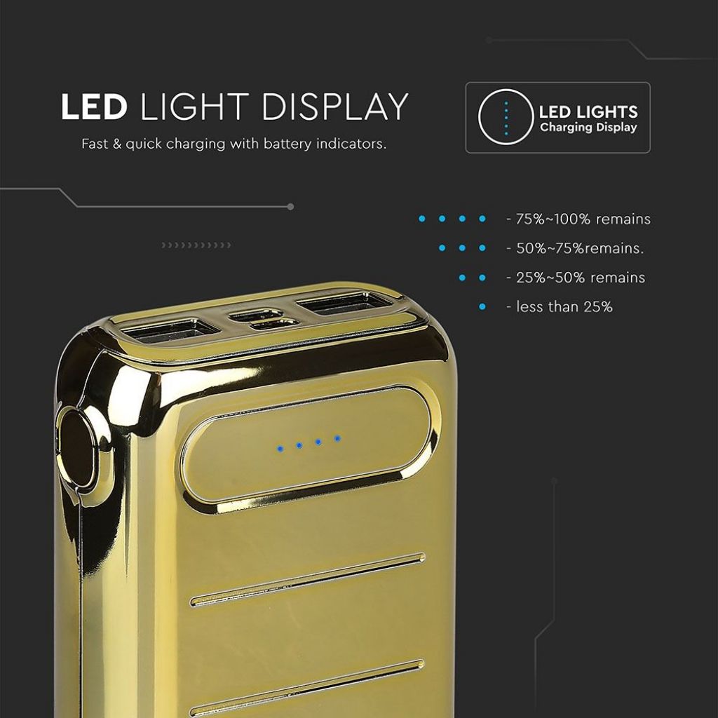 Power Bank 10.000 Mah Colore Oro Dual USB Micro USB e Tipo C