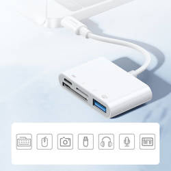 Adattatore con lettore di schede SD e TF, porta USB OTG e cavo con connettore Lightning bianco