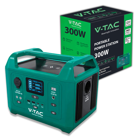 V-TAC Power Station Portatile con Batteria di Accumulo LiFePO4 288Wh AC:220V 300W (Max. 500W) con Presa Schuko Ricaricabile con Cavo di Alimentazione o Pannello Solare Fotovoltaico Portatile