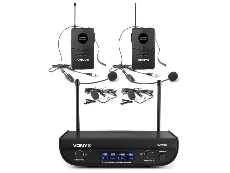 Vonyx WM82B Set UHF 2 Canali 2 Bodypack Headset Lavalier