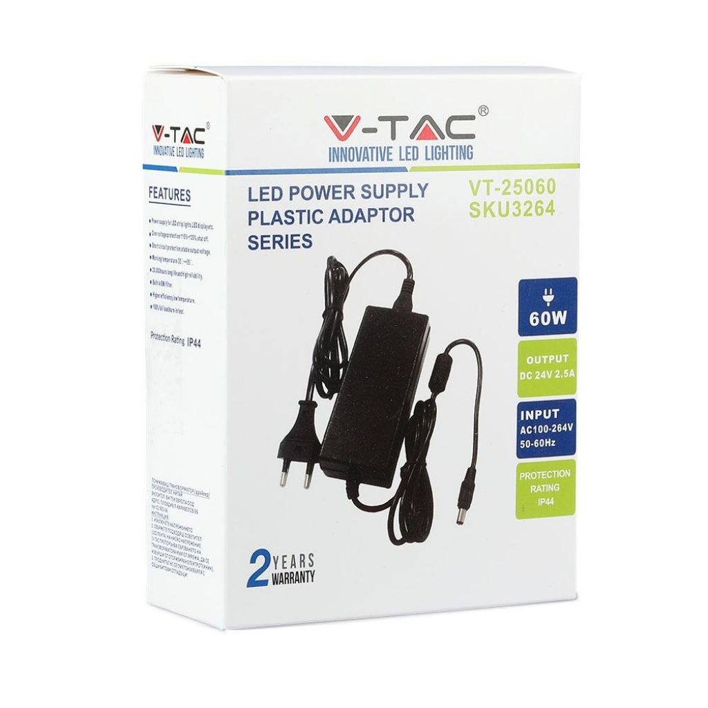 V-TAC Alimentatore in Plastica 60W 24V 25A Plug&Play con Jack 2,1 Colore Nero IP44