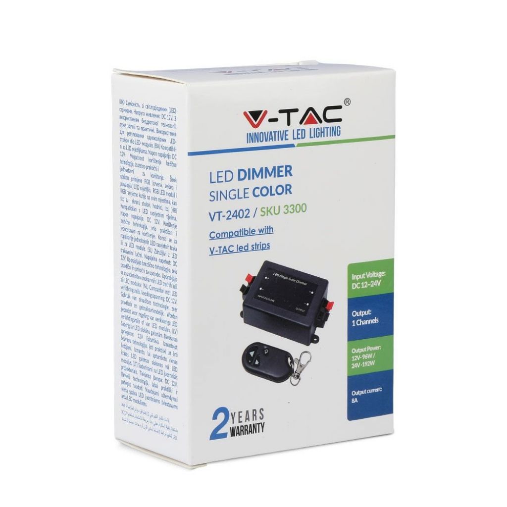 V-TAC Controller per Strip LED Dimmerabile con Telecomando 3 Tasti (Max 96W)