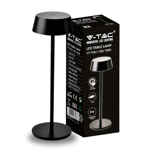 V-TAC Lampada LED da Tavolo 2W Colore Nero in Alluminio ricaricabile con USB C Touch Dimmerabile 3000K