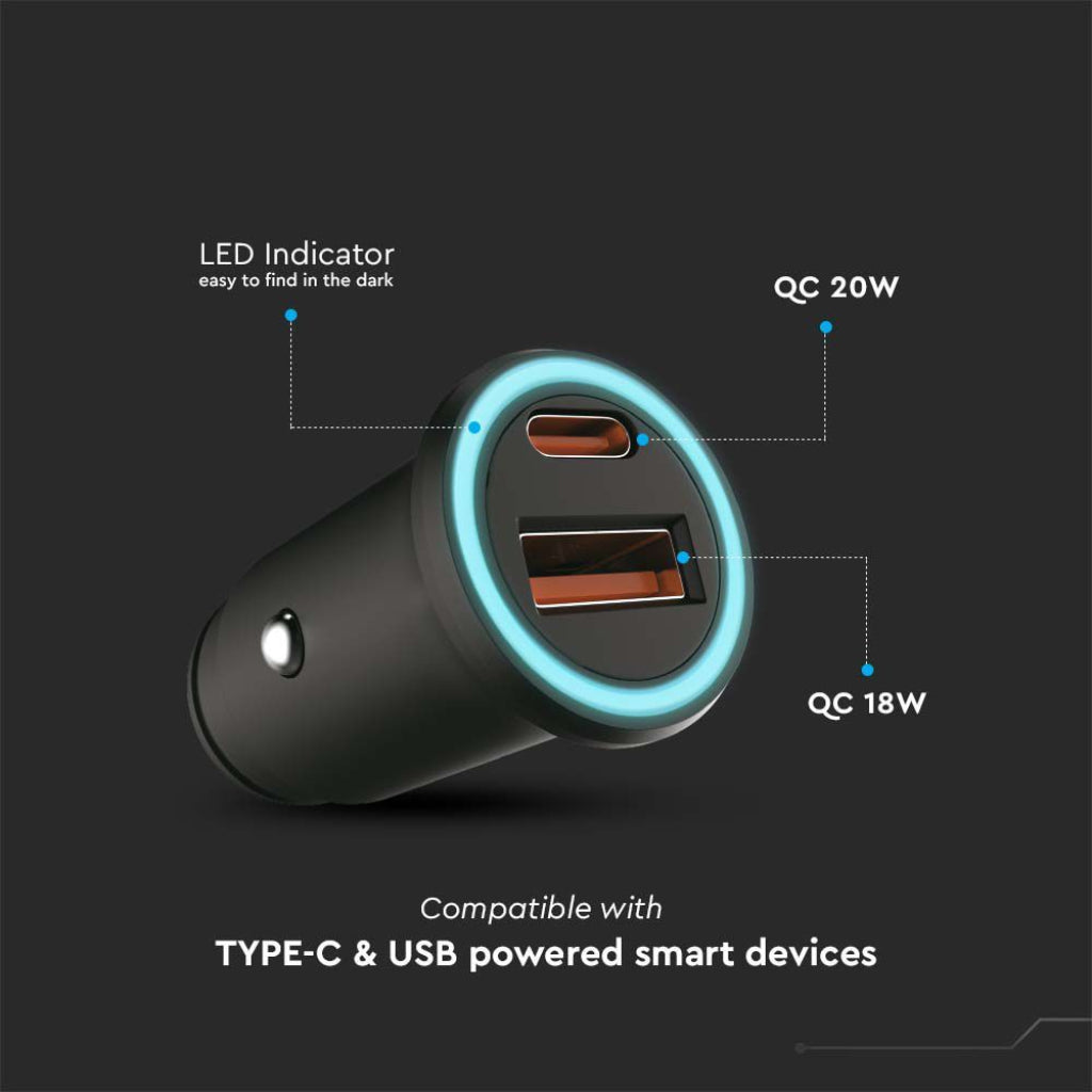 V-TAC Caricatore per Auto Presa Accendisigari con 2 Porte USB Tipo-C 20W e USB-A 18W