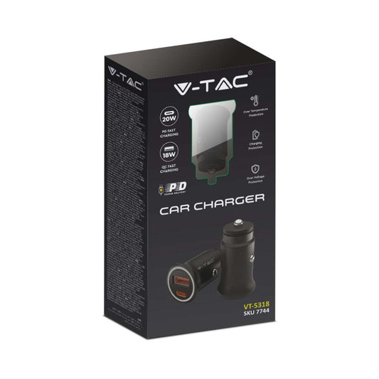 V-TAC Caricatore per Auto Presa Accendisigari con 2 Porte USB Tipo-C 20W e USB-A 18W