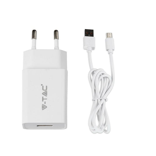 V-TAC Caricatore da Viaggio con Cavo Ricarica Veloce Micro USB 2.1A Colore Bianco