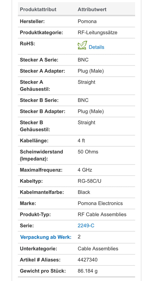 Pomona Electronics BNC Cable 2249-C-48