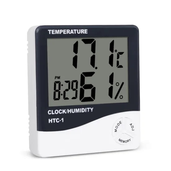 Orologio digitale LCD per interni con termometro, igrometro e misuratore di umidità (a batteria) - Bianco