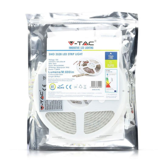 V-TAC Strip LED SMD3528 7,2W/m 5m 120 LED/m 12V 3000K IP65 8mm