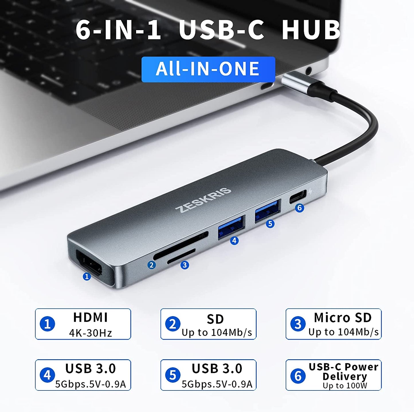 Hub USB C, ZESKRIS 6 in 1 MackBook USB