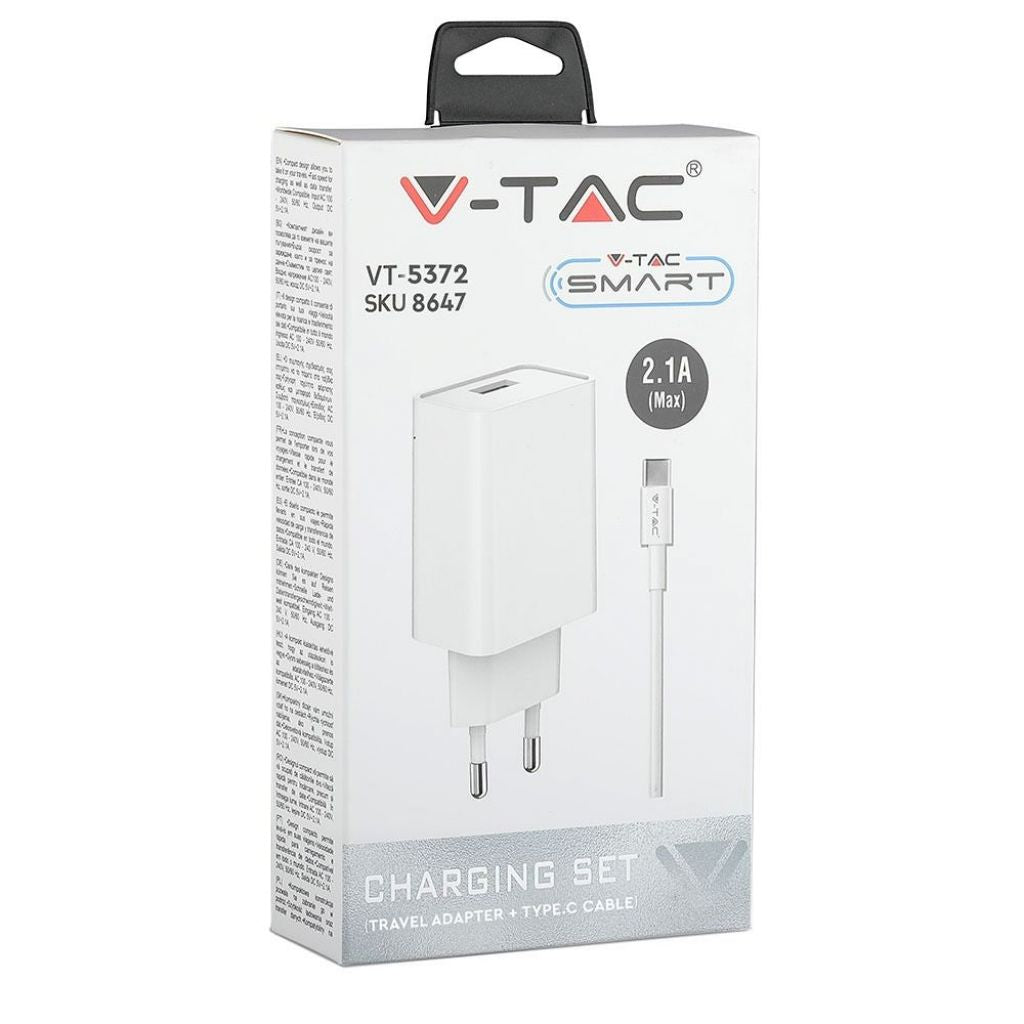 V-TAC Caricatore da Viaggio con Cavo Ricarica Veloce Micro USB Tipo-C 2.1A Colore Bianco