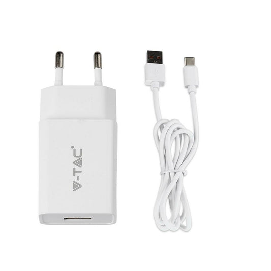 V-TAC Caricatore da Viaggio con Cavo Ricarica Veloce Micro USB Tipo-C 2.1A Colore Bianco