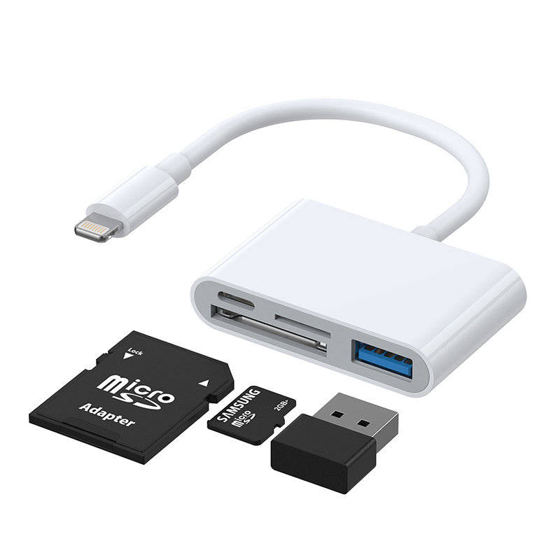 Adattatore con lettore di schede SD e TF, porta USB OTG e cavo con connettore Lightning bianco